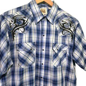 Ely Cattleman pearl snap shirt mens Large Blue Plaid applique short-sleeve